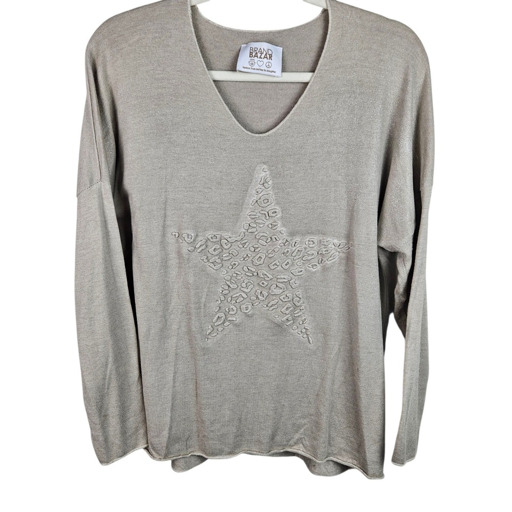 Brand Bazar‎ Italy Star Print Beige Wool Blend V Neck Long Sleeve Top
